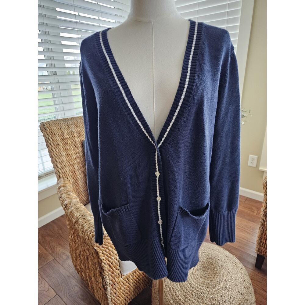 Lands' End Varsity Knit Cardigan Sweater Women's Size XL Navy Blue Preppy - Picture 2 of 6